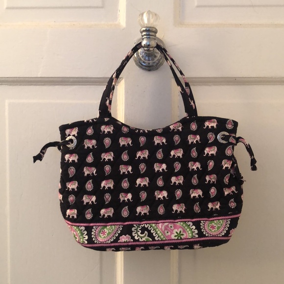 Small Vera Bradley Hang Bag, Purse, Tote, Black and White with Elephant Design - Picture 2 of 4